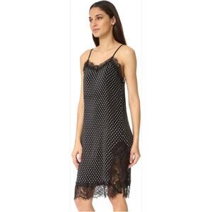 Free People Margot Slip Dress Black Polka Dot Crinkle Lace Trim Midi Size 2